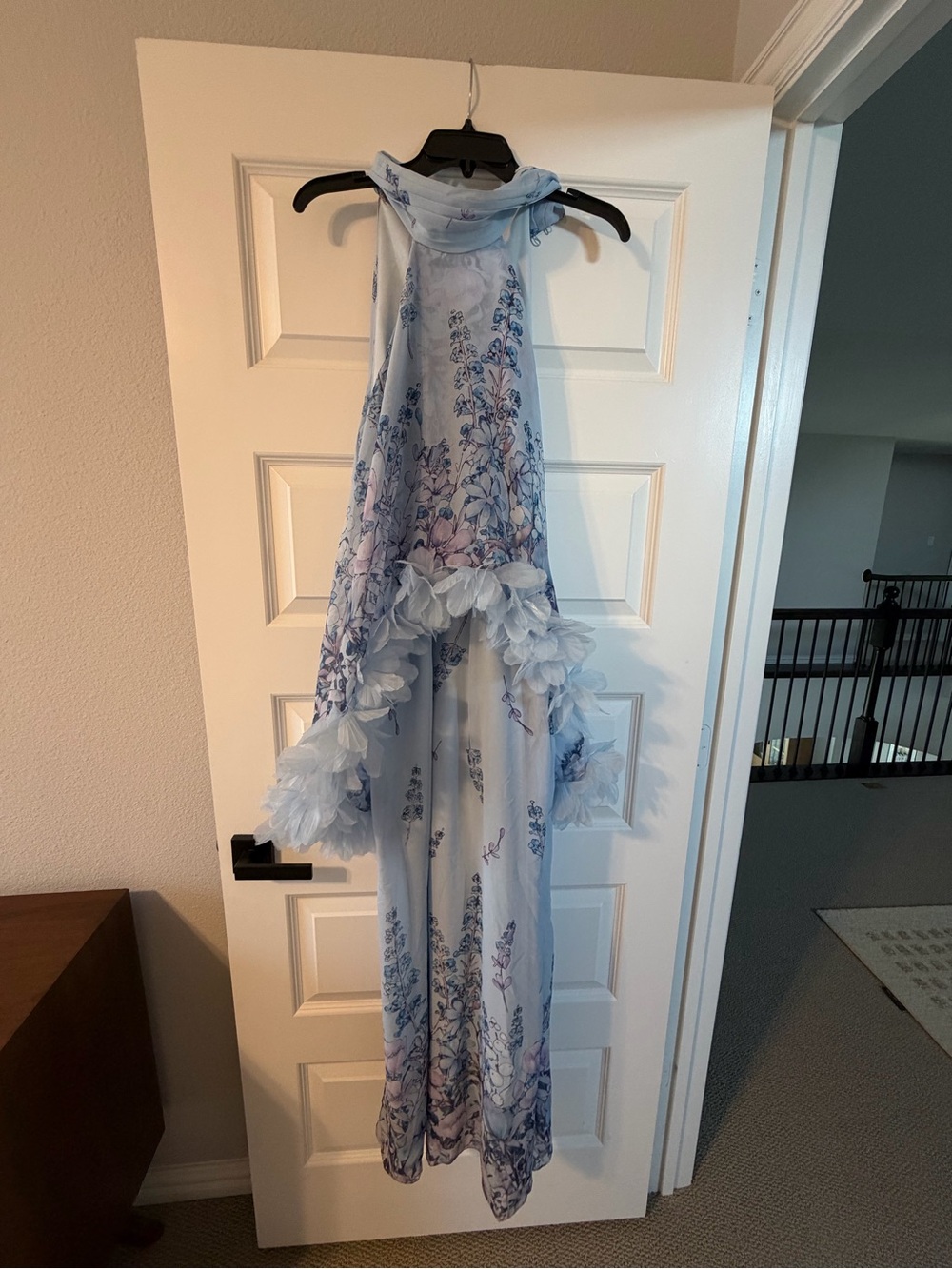 Elliatt Pale Blue and Lilac Floral Halter Maxi Dress with Feather Trim - Picture 4 of 6